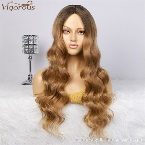 Vigorous Top Quality Cheap Long Ombre Black To Brown Wavy Wigs Middle Part High Temperature Synthetic Wigs For Black Women